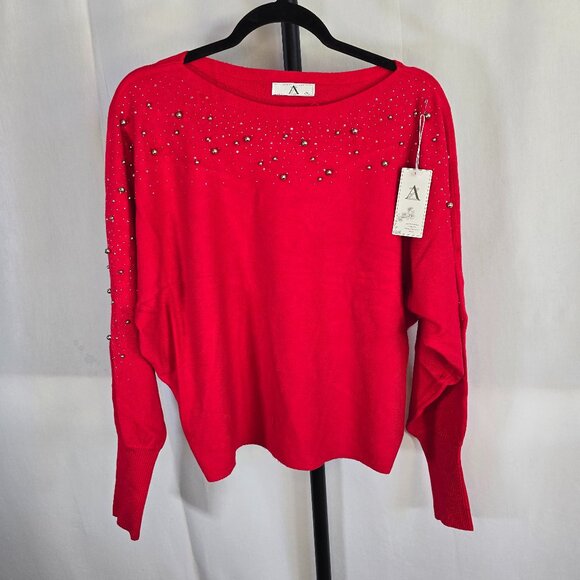 Red Soft Knit Sweater with Beads and Rhinestones - Picture 1 of 2